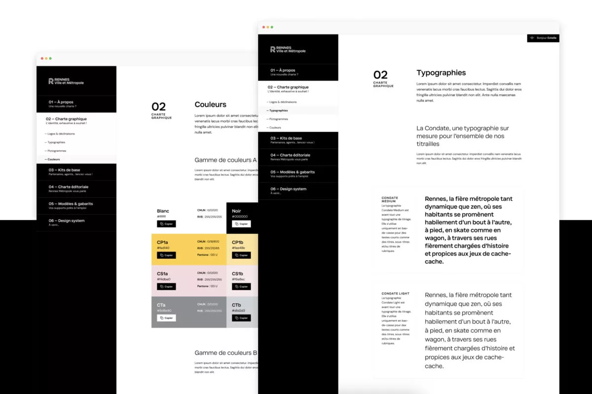 Deux écrans du Guide de Marque de Rennes Métropole