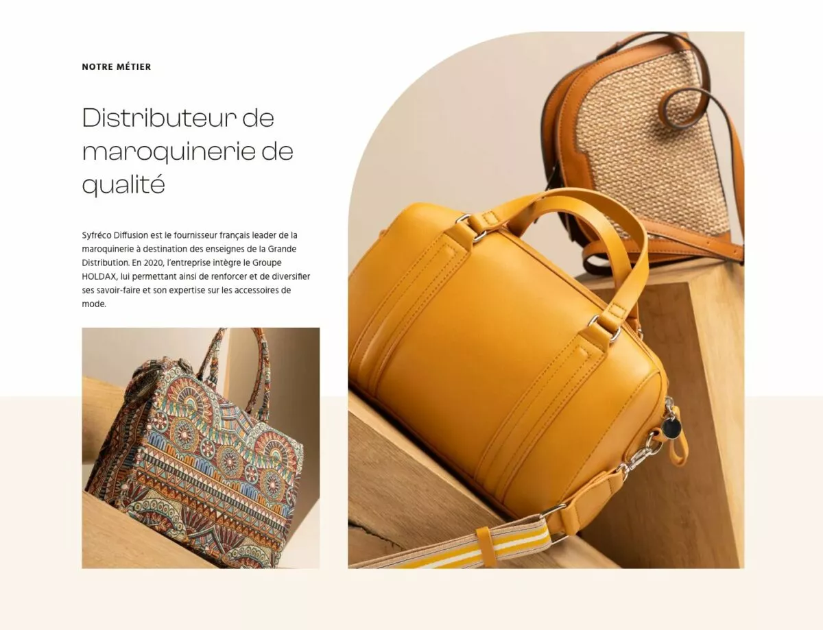 Extrait du webdesign de Syfreco affichant le titre : Distributeur de maroquinerie de qualité