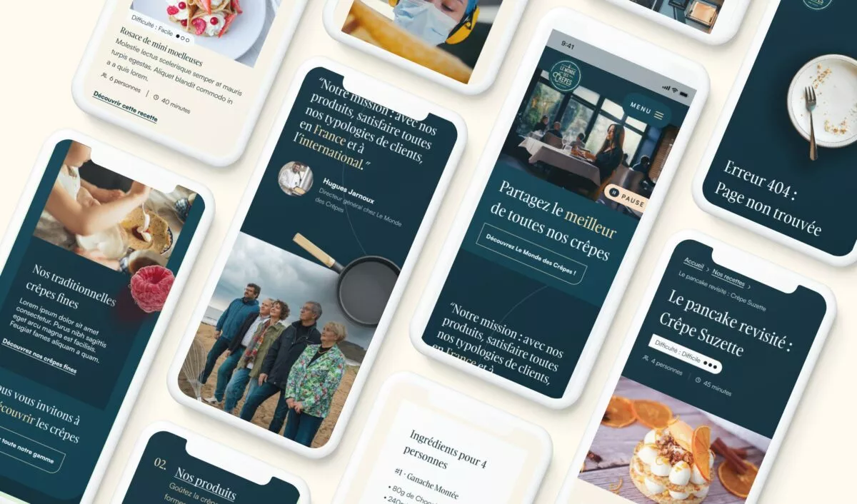 Affichage de plusieurs écrans du site web Le Monde des Crêpes dans sa version mobile
