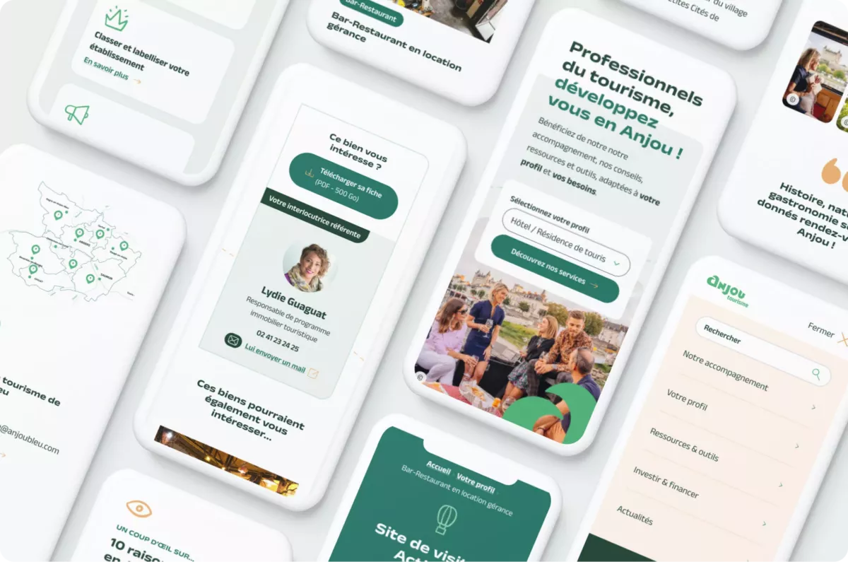 Plusieurs smartphones affichants différents écrans du site web de Anjou Tourisme Pro