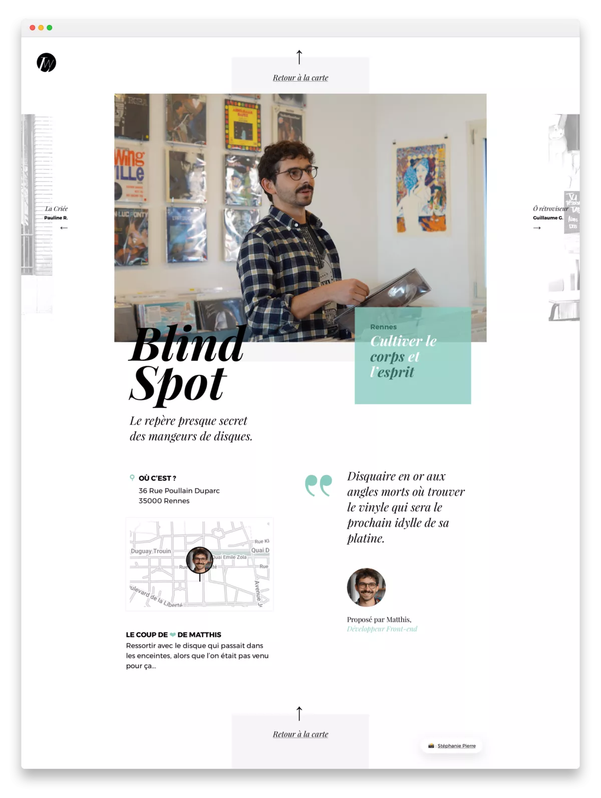 Capture d'écran du site web de Rennes LunaWeb affichant Mathis le Texier dans le magasin Blind Spot